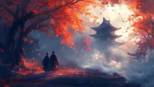 Crimson autumn forest welcomes travelers toward a misty temple