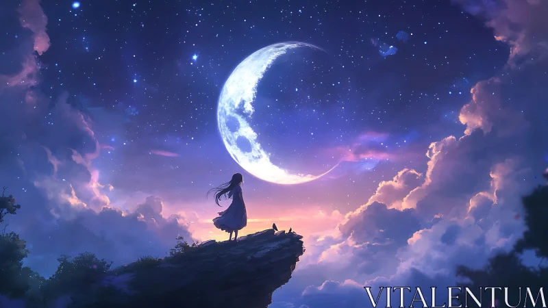 Girl on a moonlit cliff wrapped in dreamy twilight sky.
