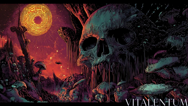 Bioluminescent fungal wasteland with eroded megastructure skull.