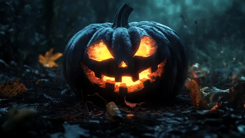 Brooding jack o’lantern with eerie forest backlight glow.