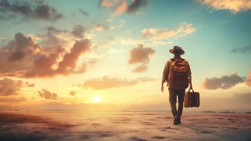 Solo traveler crossing coastal flats under vivid sunset sky