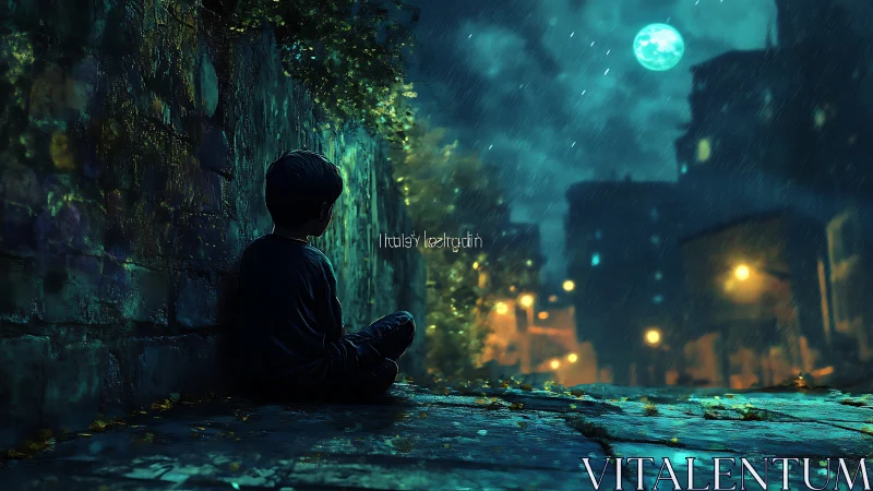 Solitary child in rain-soaked alley observing distant nocturnal city