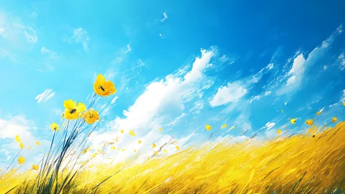 Yellow wildflowers under open blue sky in stylized field.