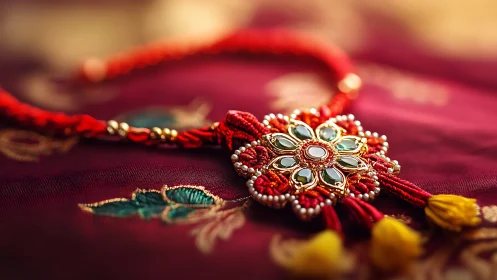 Radiant traditional rakhi resting on rich festive fabric.