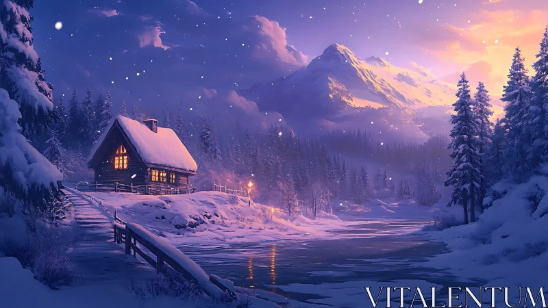 Winter cabin glows beside a river of violet twilight snow.
