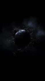 Shattered dark planet engulfed by cosmic debris in void space.