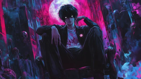 Neon-lit antihero under blood moon in haunted alleyway.