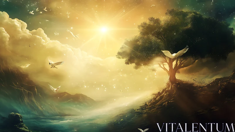 Golden dawn bathes a lone mystic tree in radiant serenity