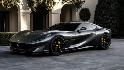 Grey grand tourer coupe under soft sunset courtyard lighting.