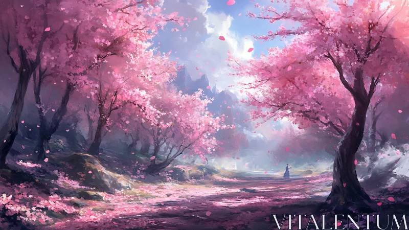 Sunlit cherry blossom path with solitary distant figure.