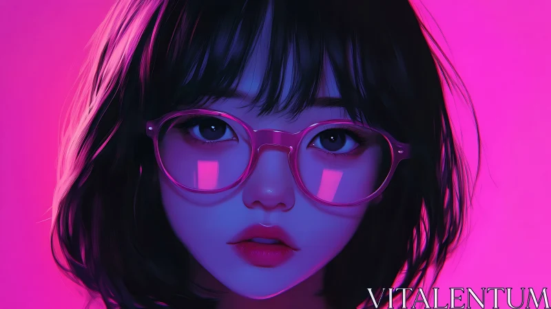 Neon portrait of young woman with pink round glasses.