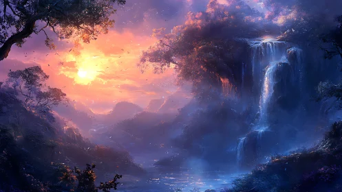 Enchanted twilight waterfall glows beneath a fiery dreamscape