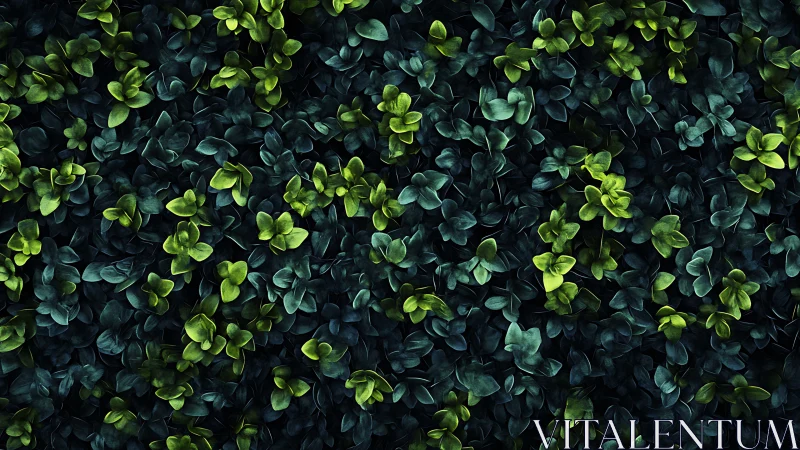 Dense overhead foliage pattern in green and dark tones.