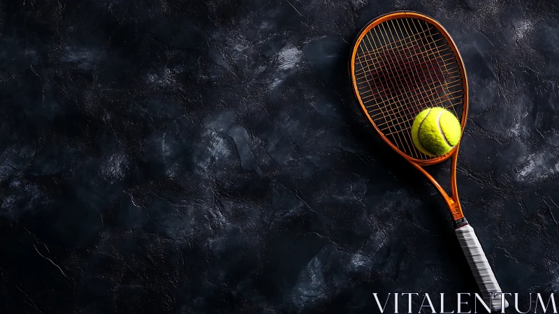 Tennis racket rests on dark textured court surface
