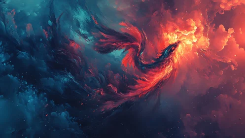 Bifurcated fiery phoenix silhouette emerges from nebular clouds