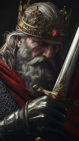 Weathered king with jeweled crown holding a loyal sword.