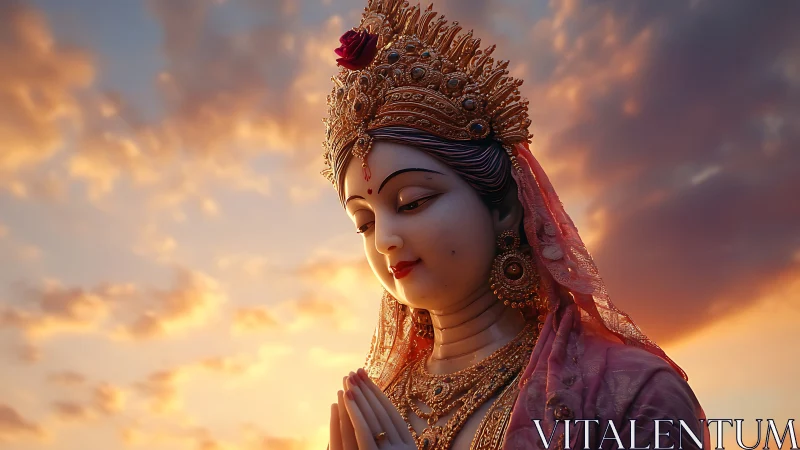Divine goddess statue in golden sunset backlight, jeweled crown.