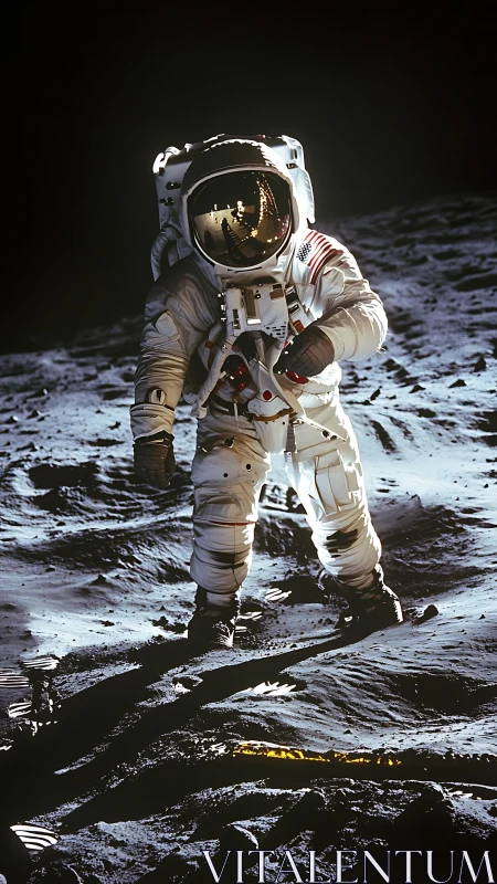Astronaut walking on moon surface in harsh directional light.