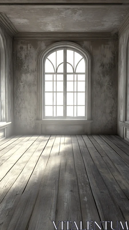 Weathered sunlit room with arched mullioned window and plank floor
