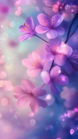Purple Flowers with Golden Stamens in Soft Bokeh Light.