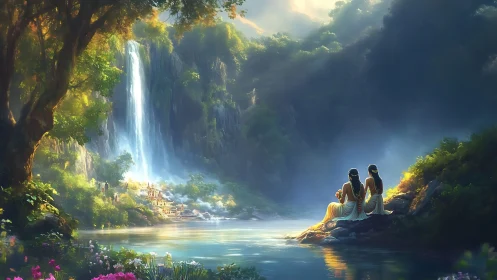 Serene twin figures overlook luminous waterfall sanctuary.