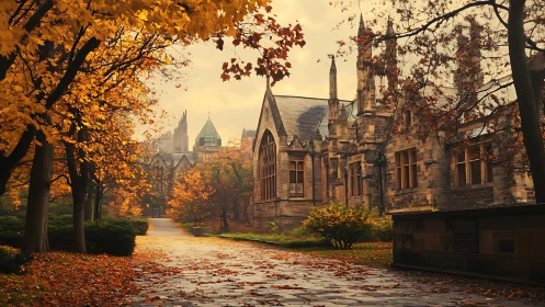Gothic campus facade framed by luminous autumn foliage