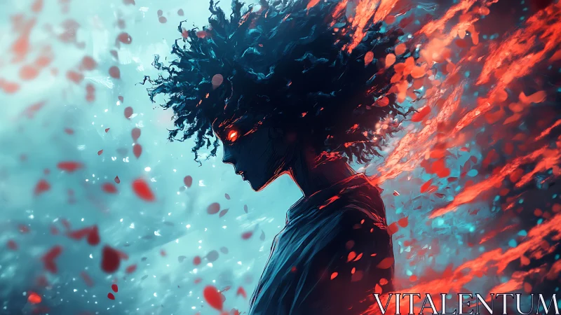 Fiery-eyed silhouette dissolves into swirling crimson embers.