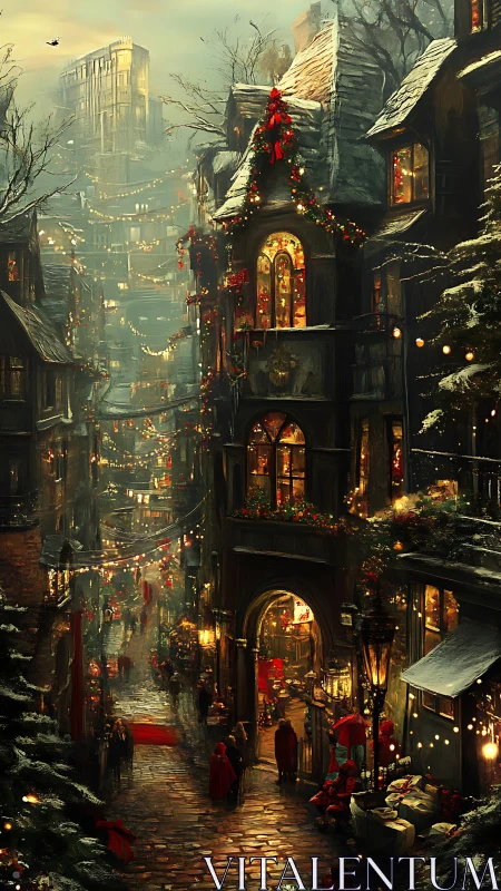 Narrow winter street with illuminated holiday decorations.