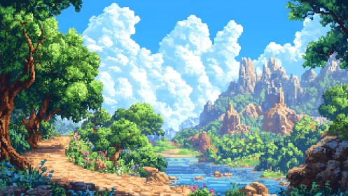 Sunlit pixel river trail beneath storybook summer clouds.