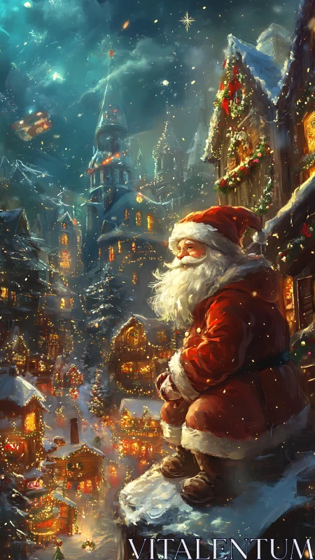 Santa overlooking illuminated snowy Christmas village.