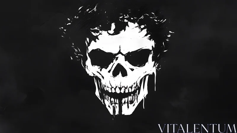 Monochrome skull-like face with abstract dripping details.