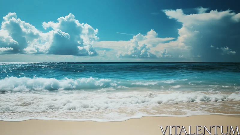 Sunny shoreline with waves under broad cloud formations.