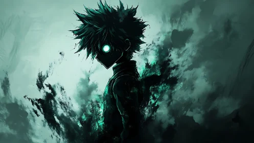 Mysterious glowing-eyed hero emerging from swirling shadows.