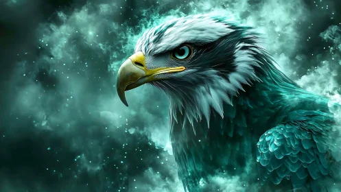 Majestic Eagle in Vibrant Teal Fantasy Art with Smoky Background.