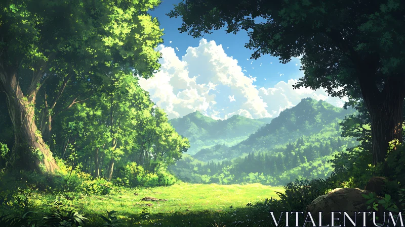 Forest clearing with mountain landscape vista