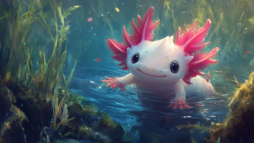 Bioluminescent axolotl rendered in soft-focus aquatic digital painting