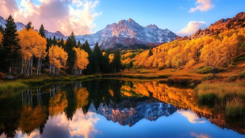 Autumn mountains, golden forest, and lake reflection scene.