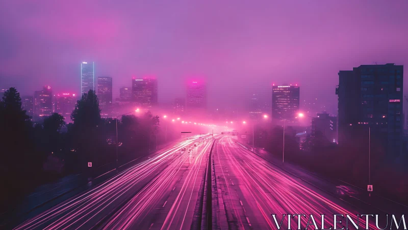 Neon magenta light trails stream toward a fog-shrouded skyline