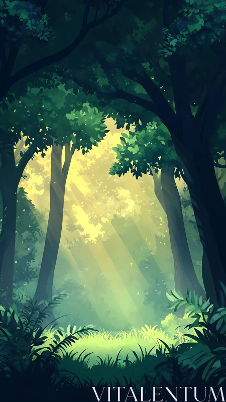 Sunlit Forest Clearing with Rays Through Trees.