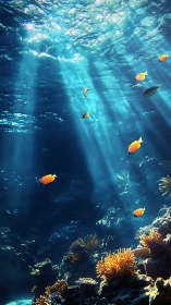 Sunlit coral garden with playful orange reef fish drifting softly.