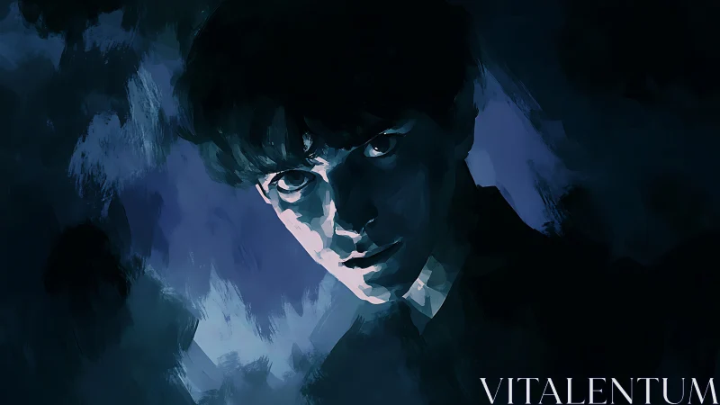 Moody digital portrait of a young person in blue shadows.