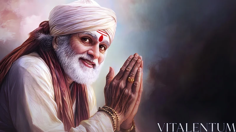 Elderly bearded guru in namaste pose, high-detail portrait