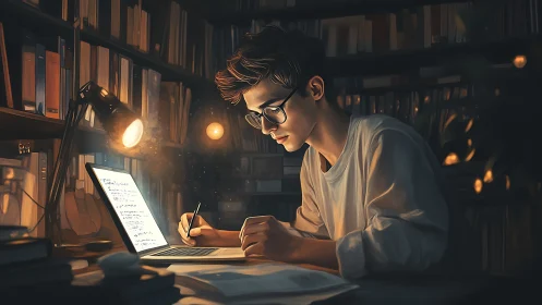 Focused student studies by laptop light in dim library