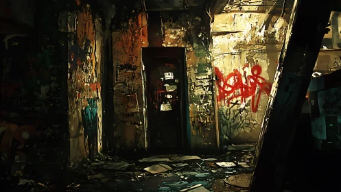 Graffiti-marked derelict corridor is lit by harsh overhead light