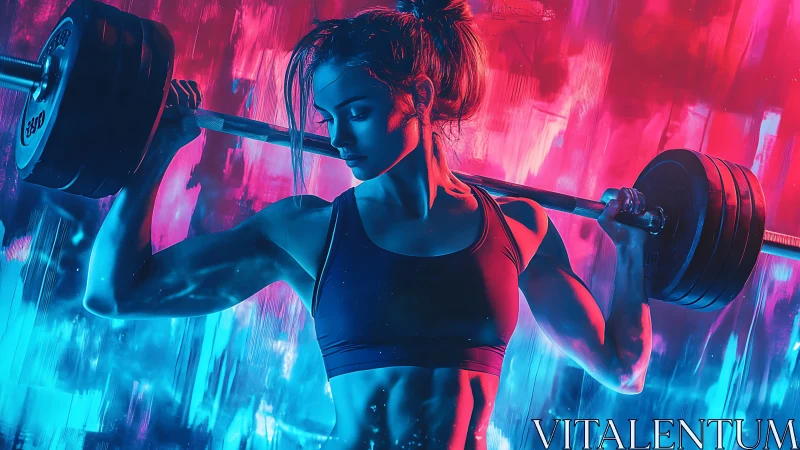 Bilateral neon lighting sculpts muscular woman performing barbell squat