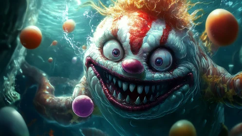Deep-sea nightmare clown lunges through a drowning carnival.
