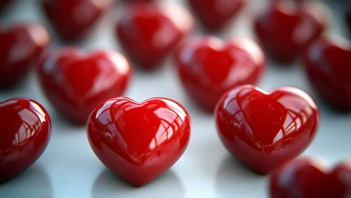 Red glossy heart shapes arranged on light surface