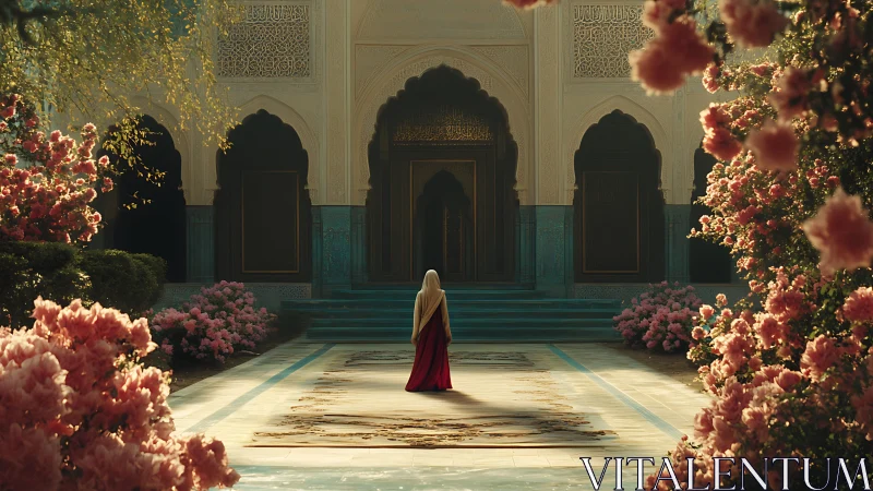 Quiet garden courtyard with a lone figure in soft bloom light.