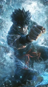 Water-charged anime warrior unleashes dynamic forward strike.