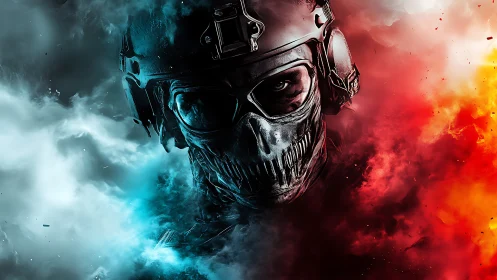 Skull-masked trooper strides between frostbite and firestorm